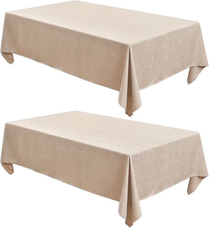 Fitable Faux Linen Beige Table Clothes Rectangle 60 x 102 Inch - 2 Pack Neutral Tablecloths for 6 Foot Tables, Faux Burlap Kitchen Table Covers for Dining, Party, Farmhouse, Banquet, Buffet