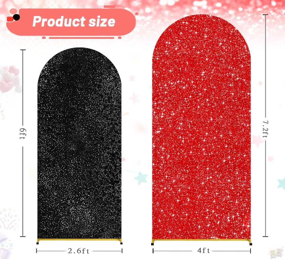 Red Black Sequin Arch Backdrop Cover Set of 2 (7.2ft+6ft) Round Top Chiara Ar...