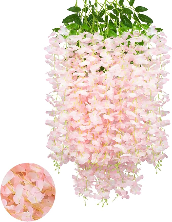 12 Pack Light Pink Wisteria Hanging Flowers Garland, 3.77 Feet Artificial Flower Vines, Fake Wisteria, Artificial Vines Hanging Garland for Backdrop Outdoor Yard Garden Decor