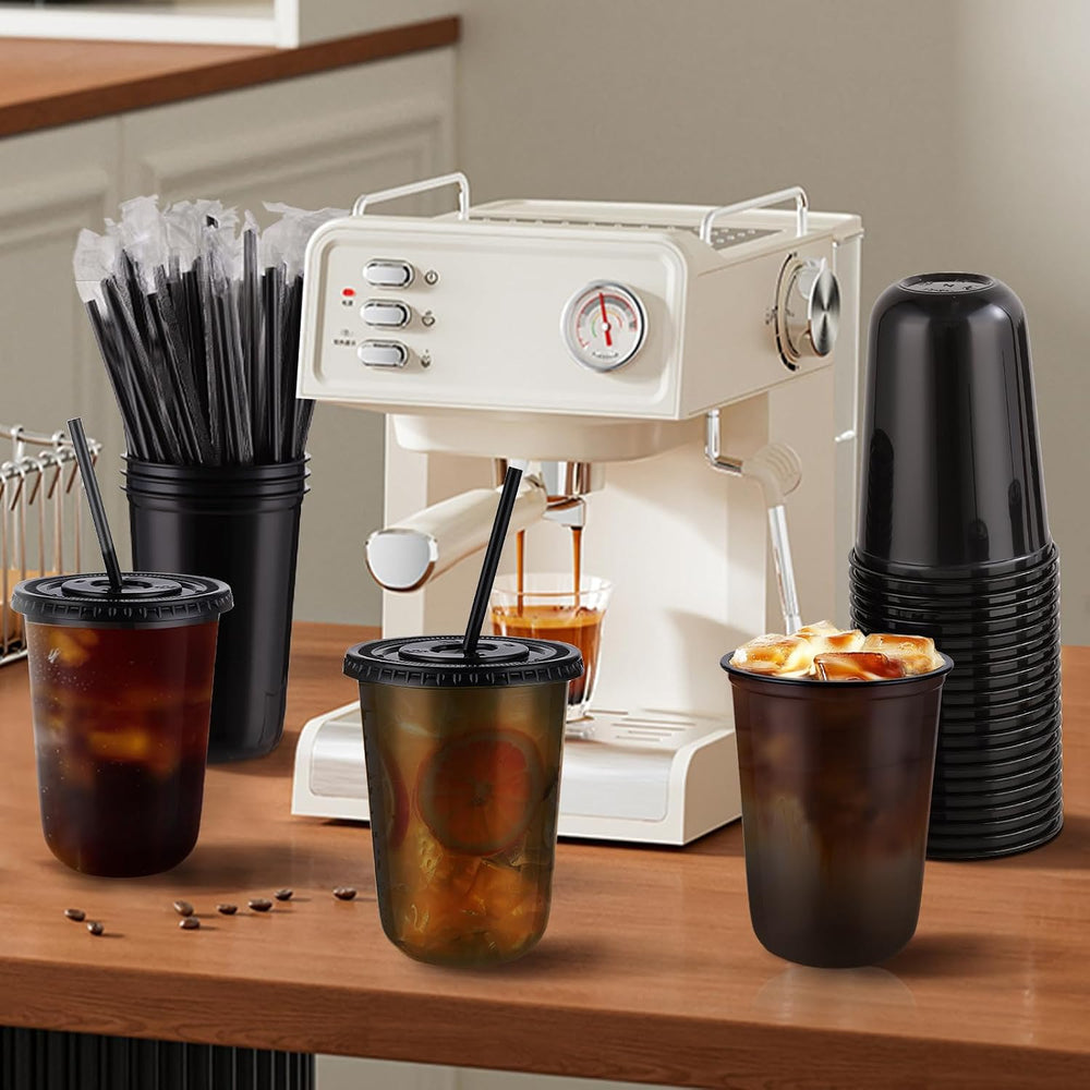tchrules 150 Set 16oz Black Plastic Disposable Cups with Lids and Straws