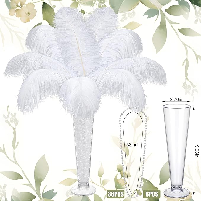 6 Sets Wedding Table Centerpiece Accessories Including 159 Pieces Natural Ostrich Feather Bulk Plastic Vases and Beads Necklaces for Wedding Home Party Centerpiece Supplies(White)