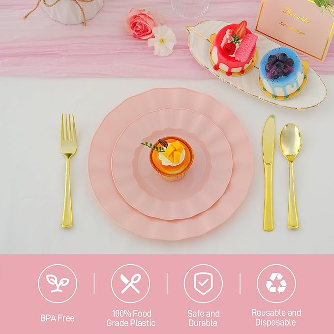 60Pcs Premium Pink Plastic Plates, Fancy Nice Disposable Plate, Elegant Wedding Plates Set include 30 10" Dinner & 30 7" Dessert Plates for Party & Wedding（30Guests