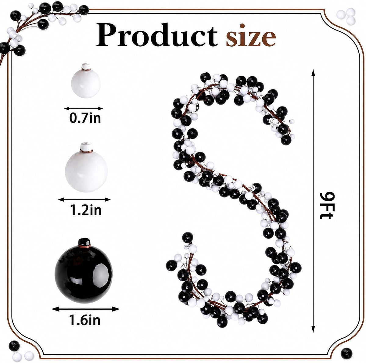 9ft Black White Christmas Ball Garland Ornaments, Gothic Xmas Tree Garland