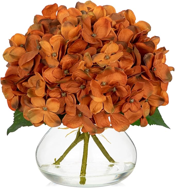 Hollyone Dark Orange Fall Hydrangea Artificial Flowers for Decoration with Glass Vase Silk Faux Flower Arrangements with Faux Water Fake Bouquet Table Centerpiece Vase with Flowers Autumn Home Decor