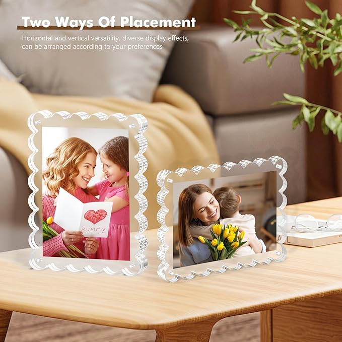 3Pack Magnetic Acrylic Picture Frames 5×7 Inch - Scalloped Photo Frame with 10+10mm Thick Block, Double Sided Clear Frames for Desktop Display | Trendy Home Gift (Clear, 5X7)