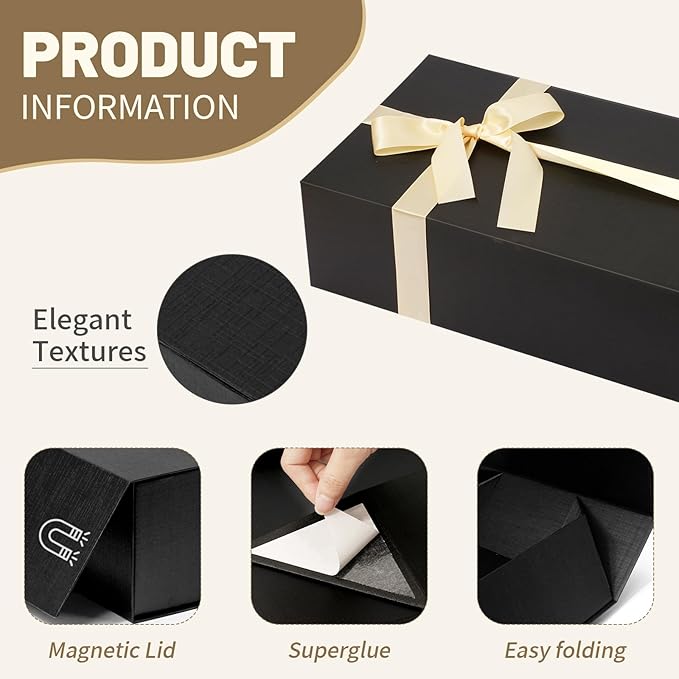 Rinrda 5 Pack Large Black Gift Box,13.75"x9"x4.5", Gift Boxes with Magnetic Lids for Presents Closure Gift Packing for Birthday,Christmas, Halloween,Wedding,Bridal Gifts,Mother's Day Gift Packging