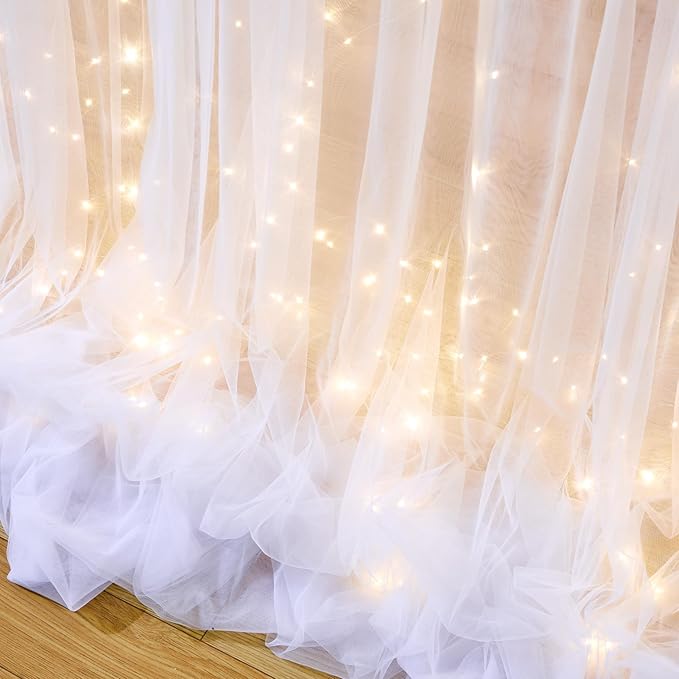 10ft x 10ft White Tulle Backdrop Curtain with Lights String for Parties Wedding Bridal Shower Sheer White Curtain Backdrop for Birthday Baby Shower Photo Booth Background Decorations