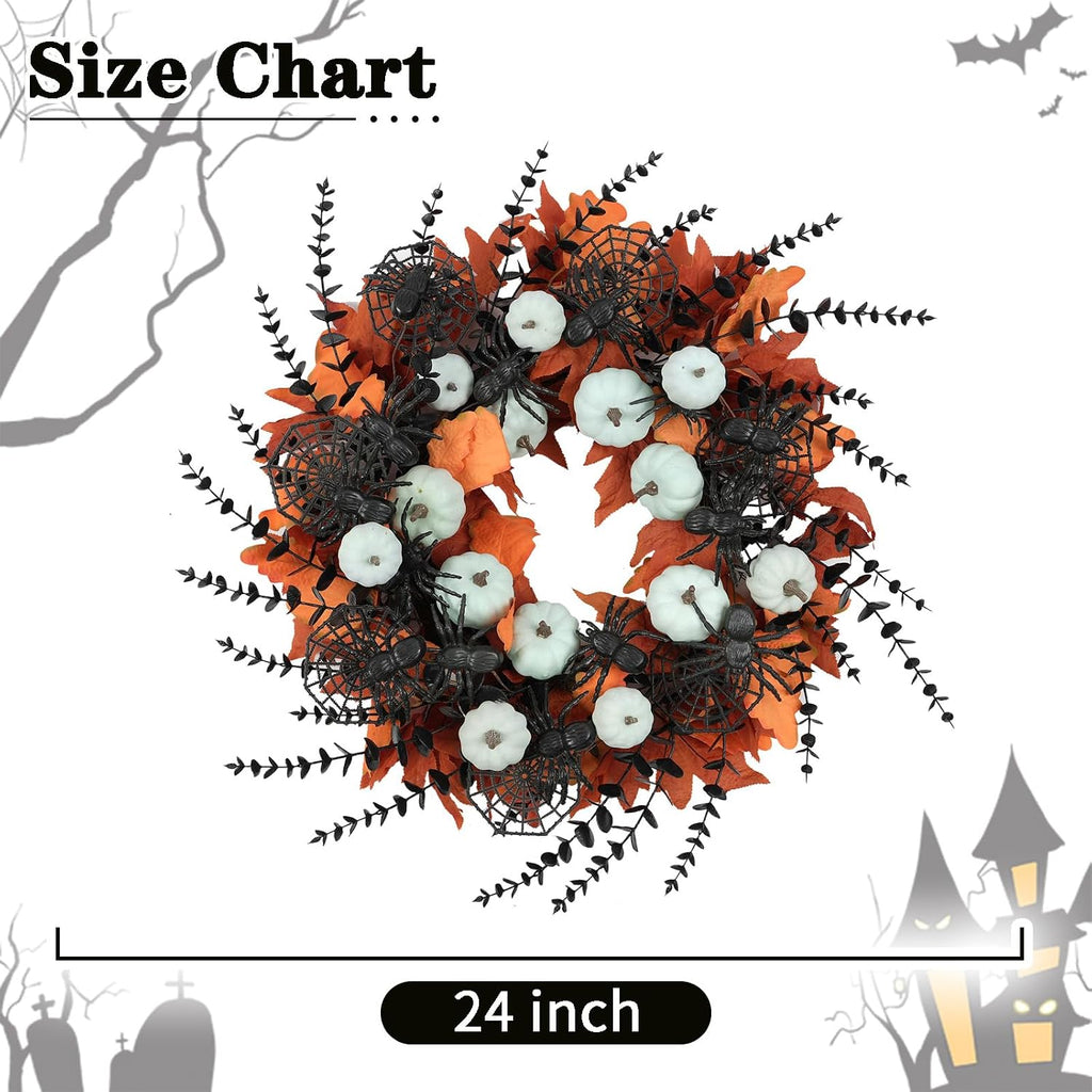 idyllic 24" halloween wreath pumpkins maple black spiders shown in use