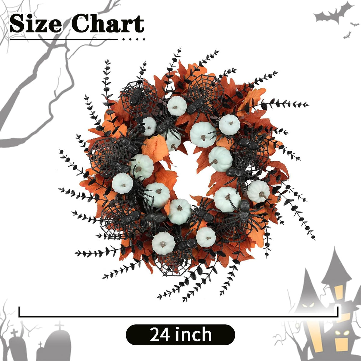 idyllic 24" halloween wreath pumpkins maple black spiders shown in use