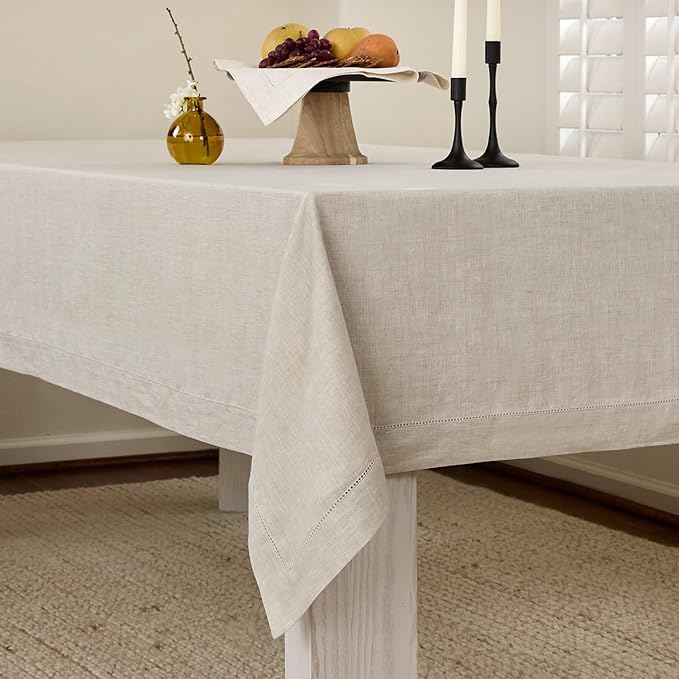 Solino Home Linen Tablecloth 60 x 156 Inch - Classic Hemstitch 100% Pure Linen Light Natural Table Cloth for Rectangle Tables - Machine Washable Tablecloth for Fall, Autumn, Thanksgiving