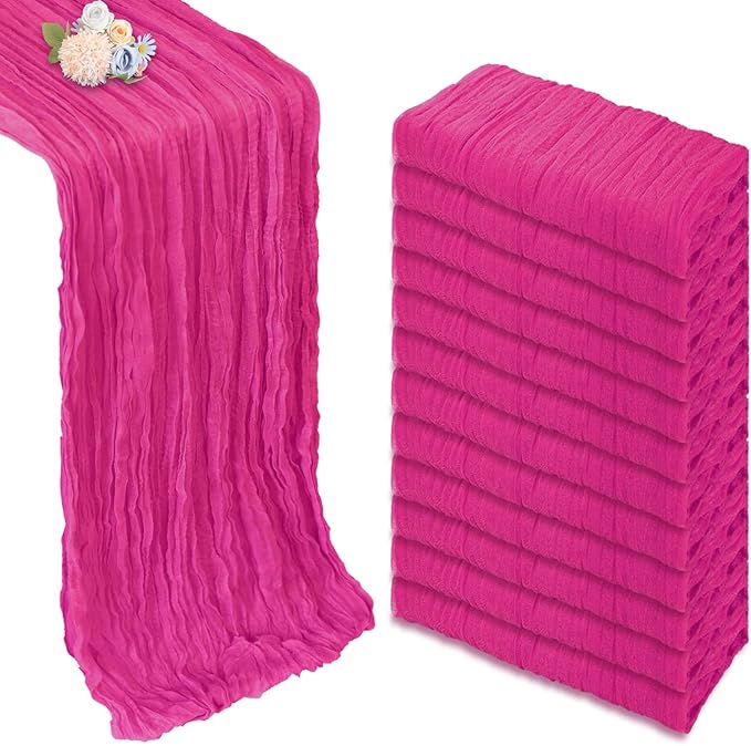12 Pack Hot Pink Cheesecloth Table Runner 10ft Boho Gauze Fabric Cheese Cloth Table Runner 35 x 120 Inch Rustic Sheer Runner for Romantic Wedding Decor Baby Shower Party Table Centerpiece Decoration