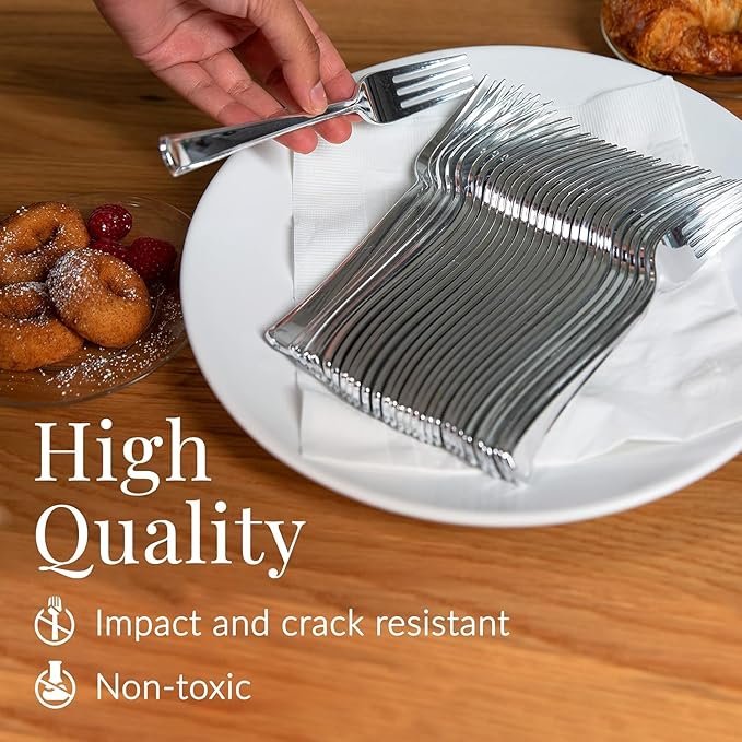 Prestee 300 Plastic Forks Heavy-Duty, Heavyweight Silverware Forks, Fancy Plastic Cutlery, Elegant Disposable Fork Pack, Bulk Disposable Flatware, Silver Fork for Christmas Holiday (Silver) (300 Count)