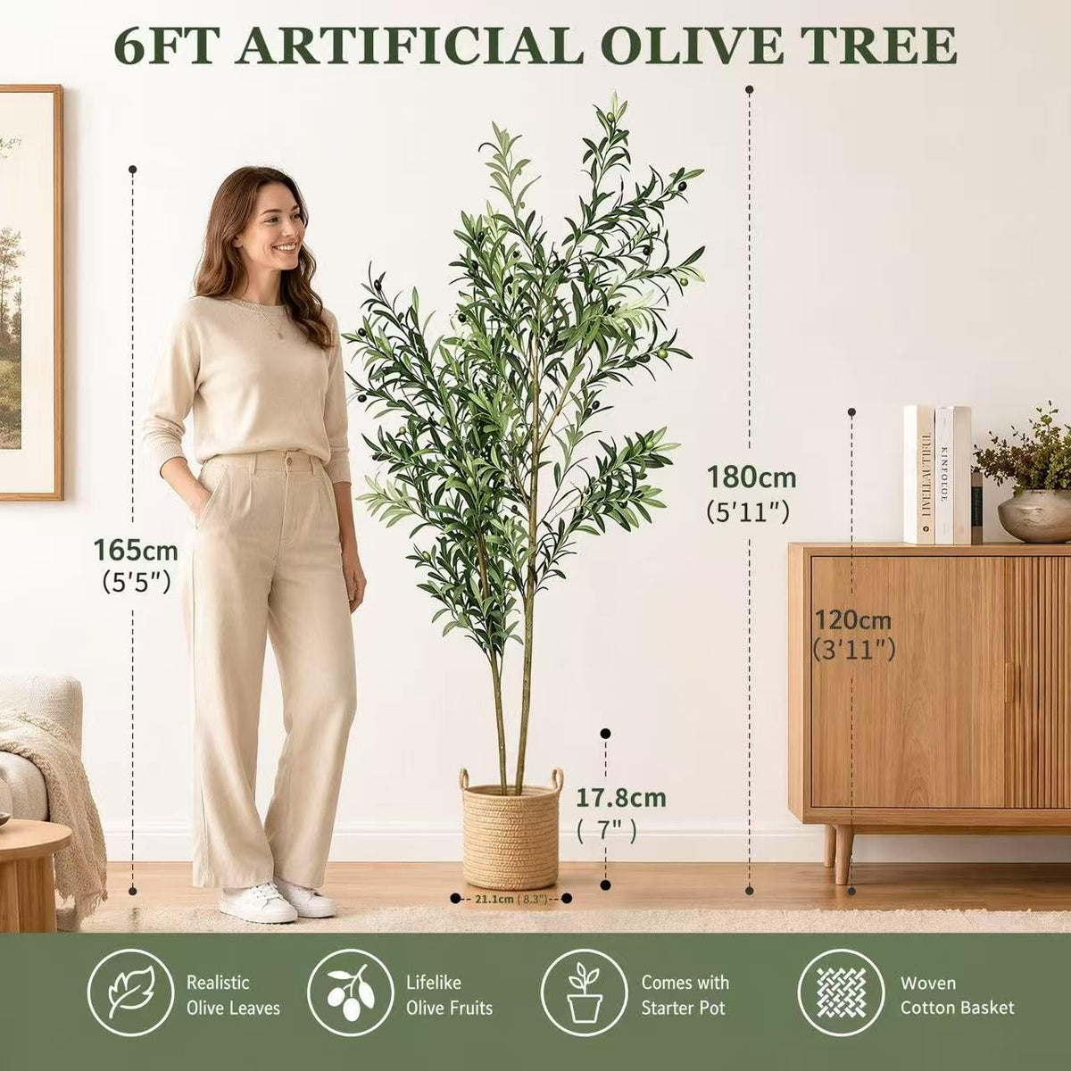 6FT Artificial Olive Tree Indoor, Lifelike Faux Tree with Cotton Basket
