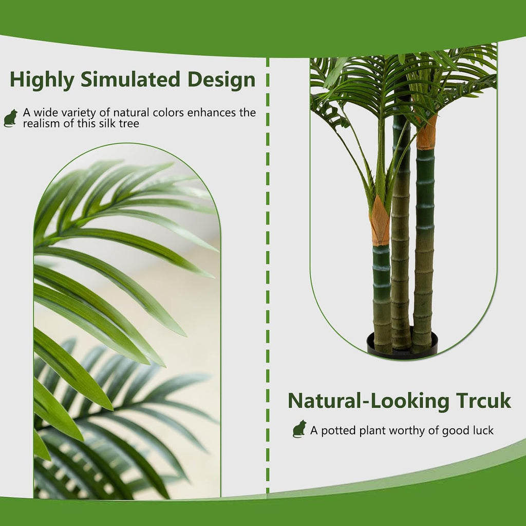 6FT Tall Golden Cane Artificial Palm Tree, Large Faux Palm Tree with 3 Textured Trunks, Outdoor Artificial Plants, Fake Tree for Indoor Office Living Room Outside Patio.
