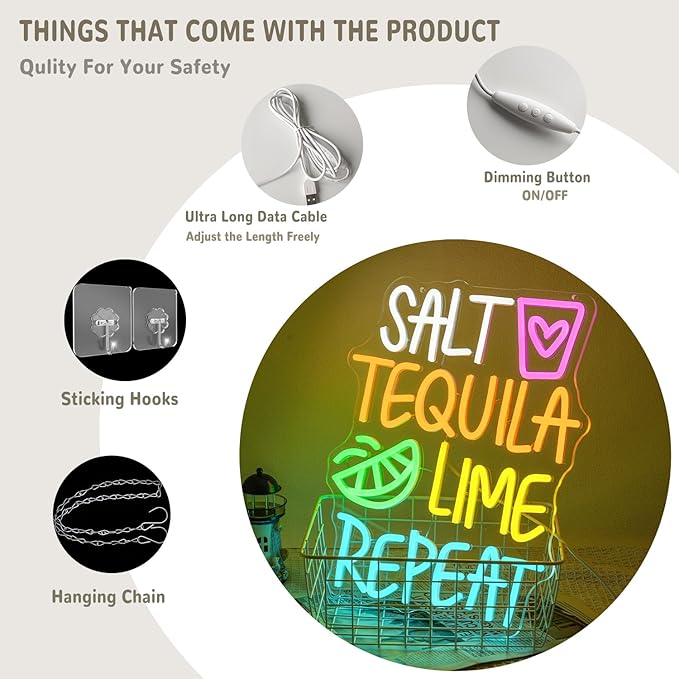 Salt Tequila Lime Repeat Neon Sign for Wall Decor Tequila Neon Light Letter LED Neon Sign Colorful Led Neon Light for Bar Shop Man Cave Kitchen Decoration