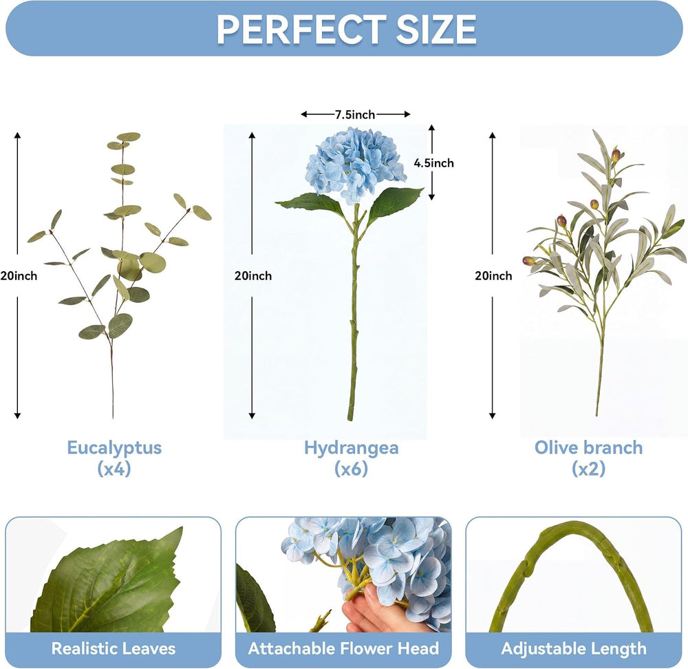 6 Pcs Blue Hydrangea Artificial Flowers with Olives & Eucalyptus