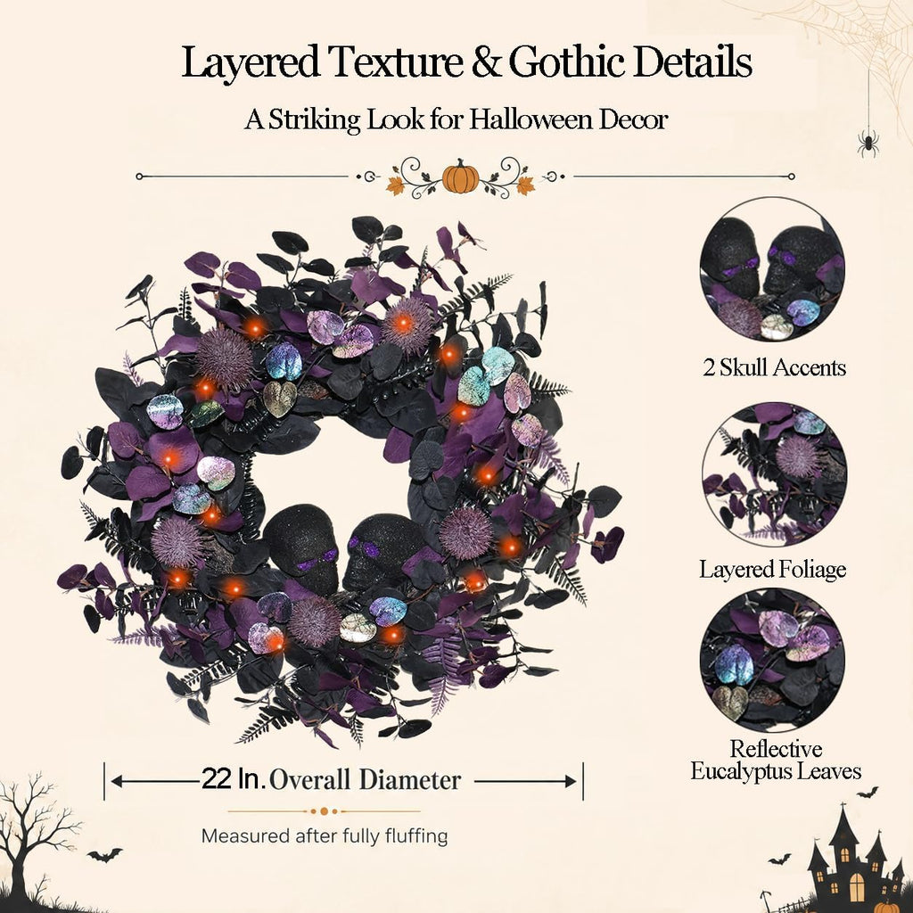 22" prelit halloween wreaths for front door with, close-up detail