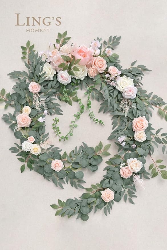 Ling's Moment 9FT Flower Garland for Backdrop Decorations - Wedding Arch Flowers, Eucalyptus & Rose, Artificial Floral Garland for Mantle - Sweetheart Table Decor for Ceremony Reception, French Pink