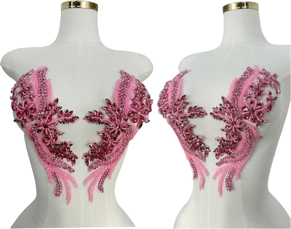 Handmade Rhinestones lace Trim Patches Handsewing Beads Bodice Applique for D...