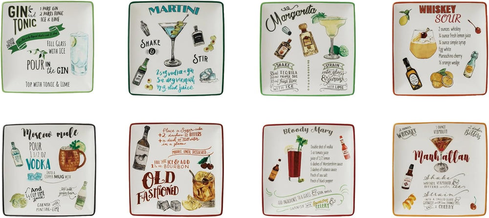 Creative Co-Op Stoneware Plate Set with Cocktail Recipes Design Styles, Multi...