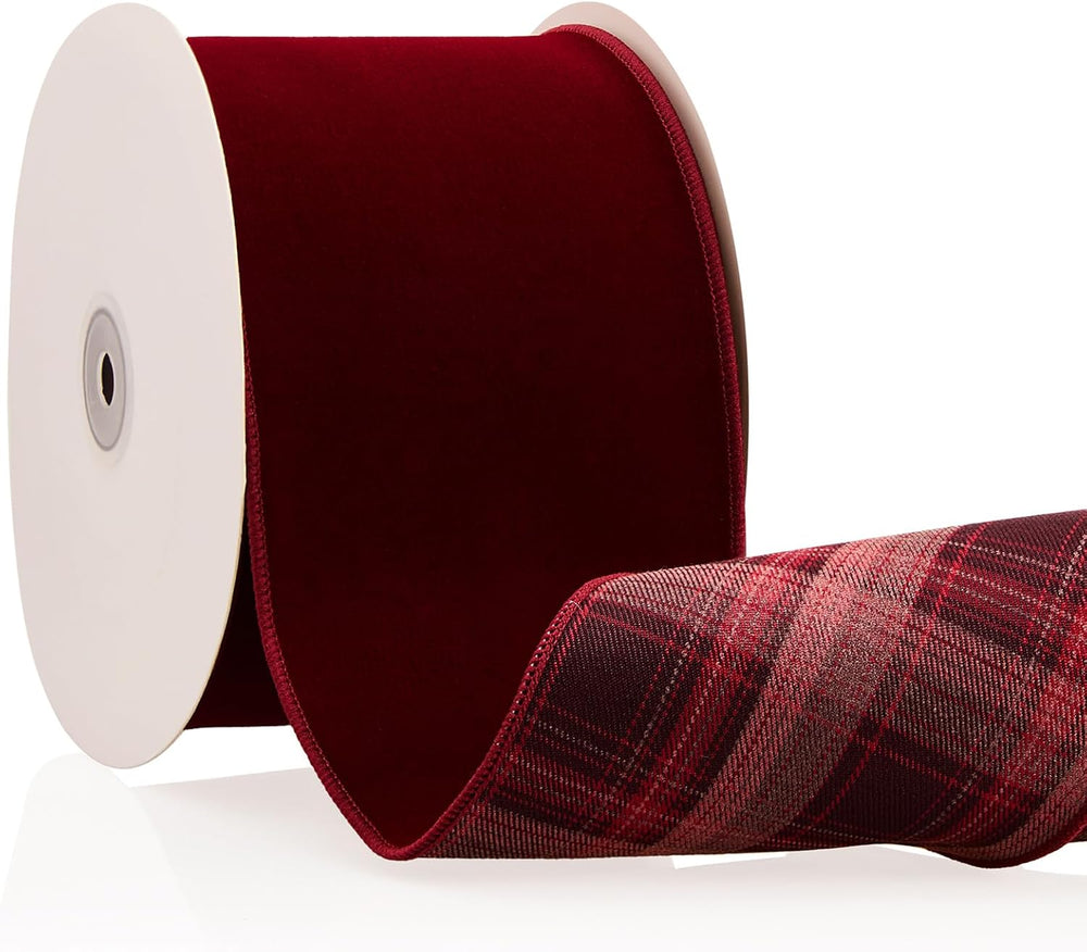 Burgundy Velvet Wired Ribbon with Plaid 4 Inch 10 Yards, Double Sided Christm...