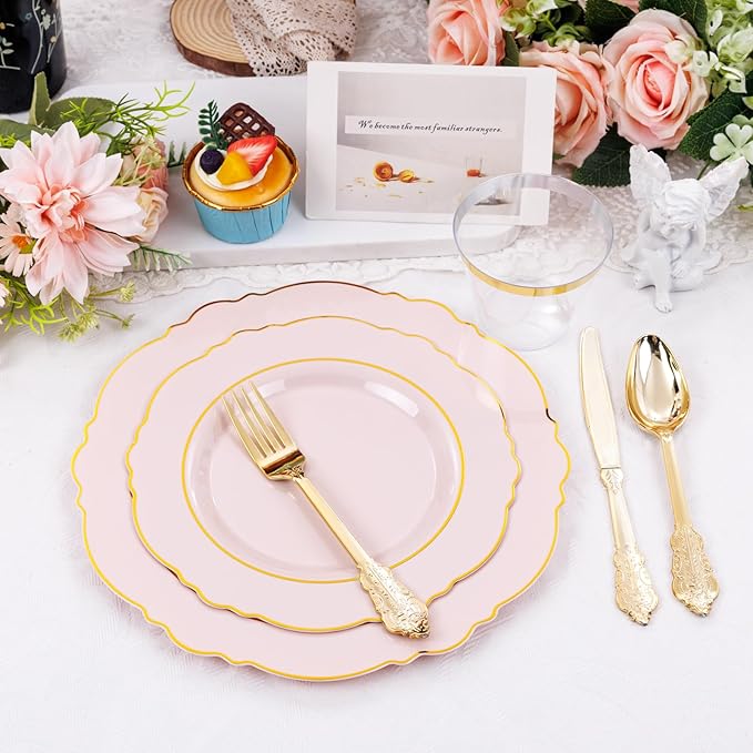 Liacere 350PCS Pink Plates Disposable - Pink and Gold Plates 50guest Baroque Plastic Dinnerware include 100Plates, 50Pack Pre Rolled Napkins with Silverware 50Cups Perfect for Wedding＆Mother's Day