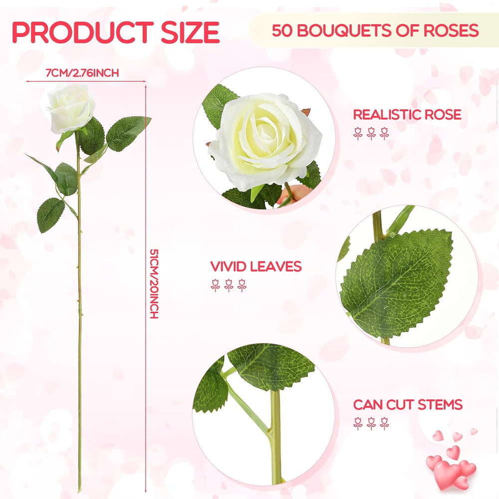 Jexine 50 Pcs Artificial Silk Roses Bulk with Long Stem,White
