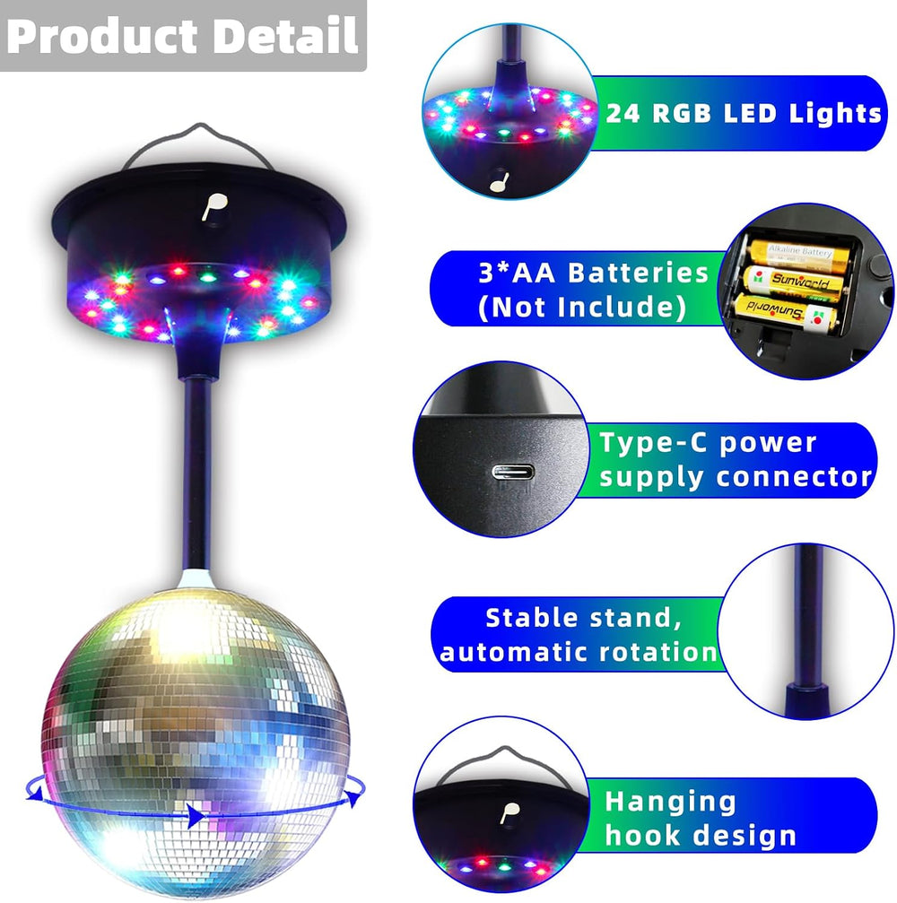 6'' Mirror Disco Ball with 24 LEDs 5-9 RPM Adjustable Rotating Motor ...