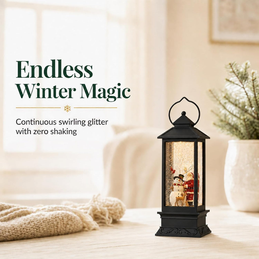 lighted snow globe lantern: 11 inch, black holiday, side view