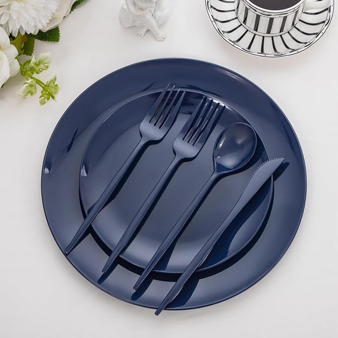 PULOTE 150PCS Blue Plastic Silverware Set - Plastic Cutlery Disposable - Heavy Duty Blue Plastic Utensils Include 50 Forks, 50 Knives,50 Spoons for Party&Wedding