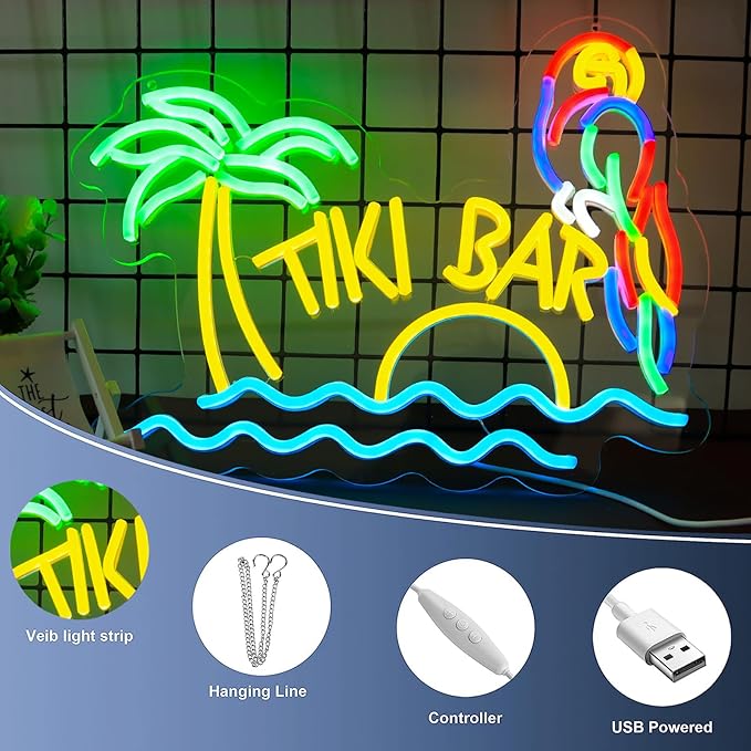 LED Neon Tiki Bar Signs Dimmable Beach Theme Wall Decor Hawaii Pool Bar Party Gift for Boys Girls-16 x 12.2 IN-USB Powered-Acrylic