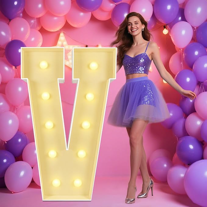 Marquee Light Up Letters: 4FT Large Decorative Signs for Party Decorations Baby Shower Birthday Wedding Engagement Anniversary, 4 Feet Tall Pre-Cut DIY Foamboard Letter V - Easy to Assemble
