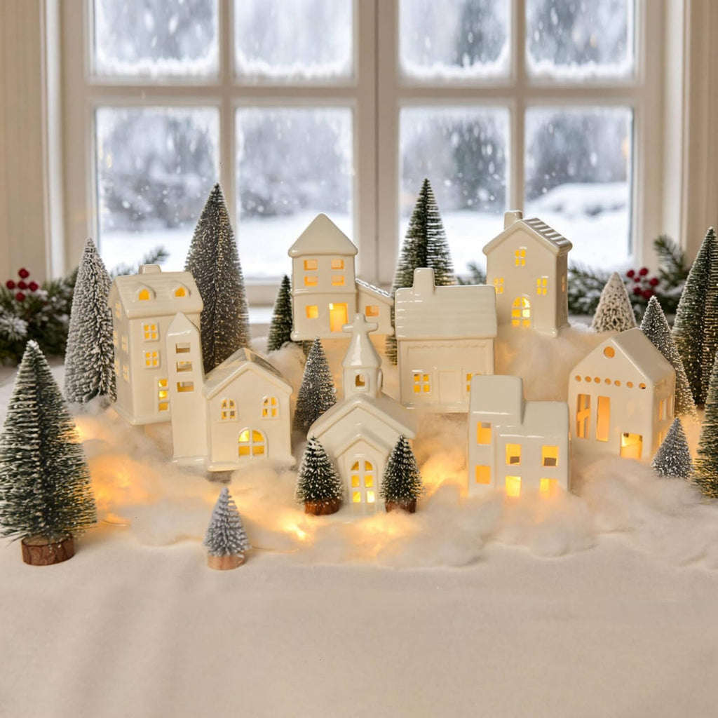 white ceramic christmas village house sets christmas decor showing dimensions