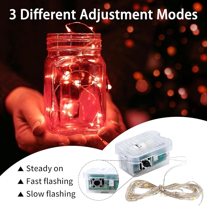 50 Pack Red Fairy Lights 7Ft 20 LED Twinkle String Lights 3 Modes Battery Operated Waterproof Firefly Starry for Mason Jar Party Wedding Christmas Valentines Day Table Centerpieces