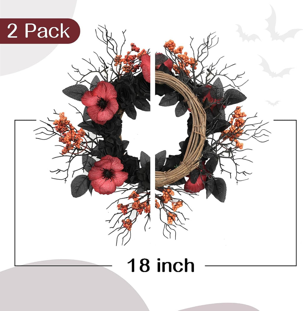 tempus halloween wreath set, 18 inch, black rose shown in use