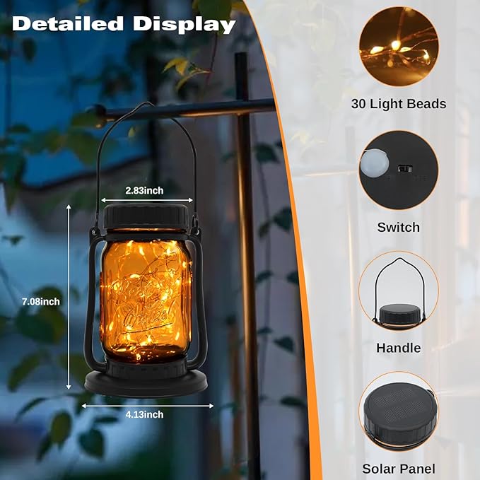 Mason Jar Lights - Solar Lantern Outdoor Waterproof, Hanging Solar Lights for Outside, Halloween, Fairy Twinkle Glass Decorative Lamp for Yard, Patio, Garden, Porch, Table, Wedding, Pack 2 (2 Pack)