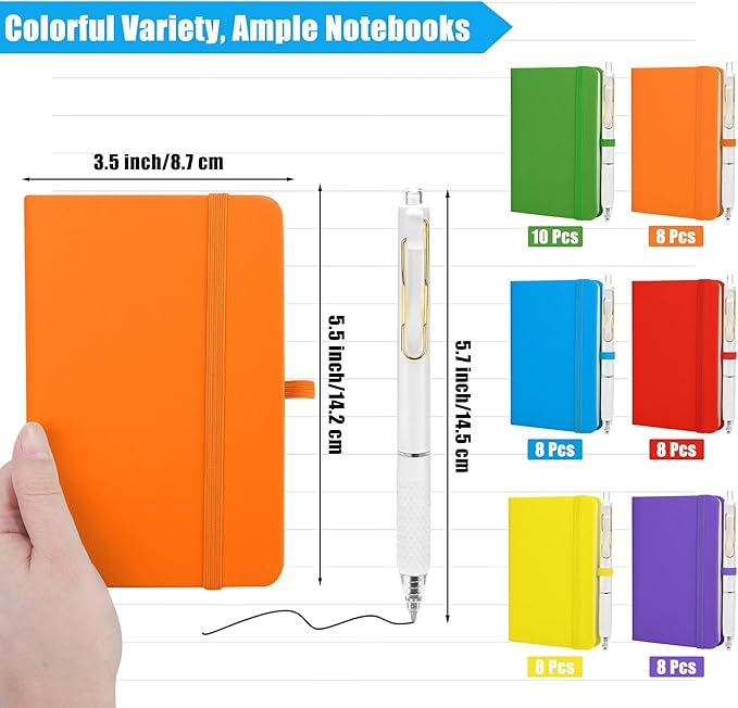 Aneco 50 Sets Pocket Notebook Journals with Pens, A6 Mini Hardcover PU Leather Lined Notebooks 3.5 x 5.5 Inch College Ruled Notepad With Pen Holder for Office School Supplies, Rainbow Color