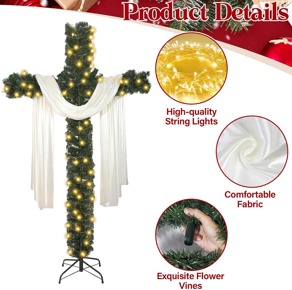 7ft Christmas Cross Tree with Light & Scarf