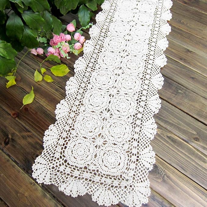 KEPSWET Cotton Handmade Crochet Lace Table Runner White Rectangle Coffee Table Dresser Decor (14x84 inch)