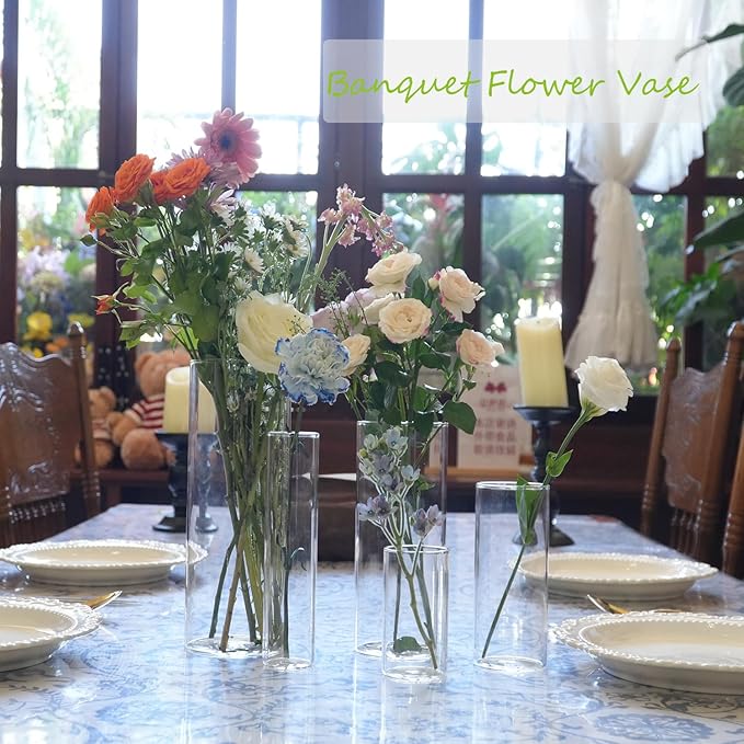 15pcs Clear Glass Vase for Centerpieces, 4,6,7.5,8,10 inch Tall Cylinder Flower Vase Bulk Floating Candle Holder for Wedding Table Home Décor and Party