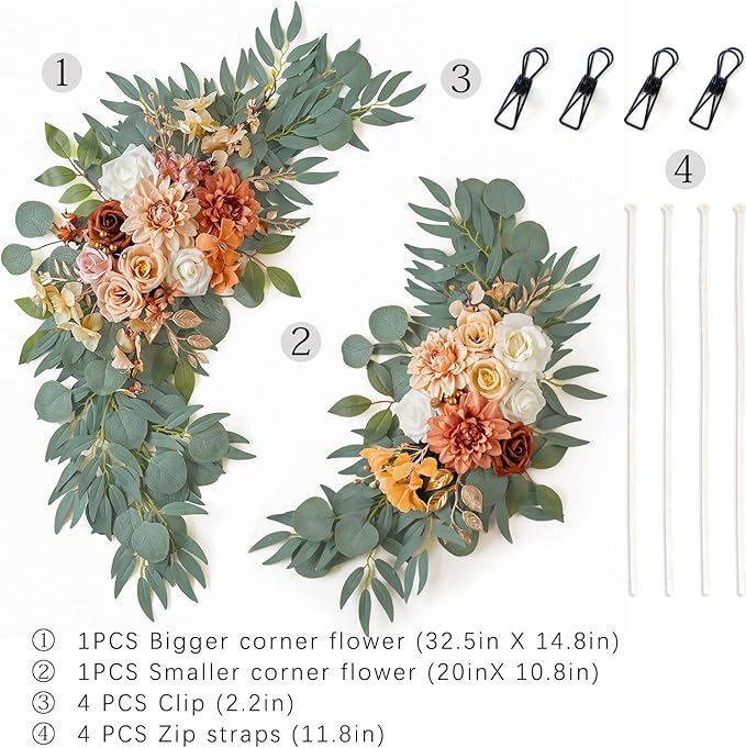 ponatia Wedding Arch Flowers (Pack of 2), Artificial Burnt Orange Flowers for Wedding Welcome Signs Decorations and Arch Flower for Weddings Ceremony Reception (Burnt Orange)
