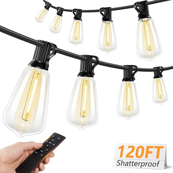 Brightever 120FT LED Outdoor String Lights with Remote, Patio Lights Outdoor Waterproof with 36+2 Shatterproof ST38 LED Bulbs, Dimmable Outside Hanging Light for Porch, Garden, Backyard, Cafe, 2700K