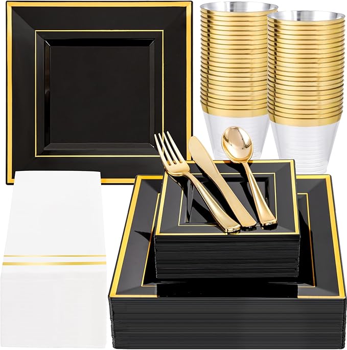 Festiva 350Pcs Black and Gold Plastic Plates-50Guests Disposable Square Black Dinnerware Set include 100 Plastic Plates,50Cups,150Plastic Cutlery,50Napkins for Halloween Party &Wedding&New Year