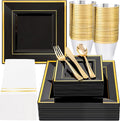 Festiva 350Pcs Black and Gold Plastic Plates-50Guests Disposable Square Black Dinnerware Set include 100 Plastic Plates,50Cups,150Plastic Cutlery,50Napkins for Halloween Party &Wedding&New Year