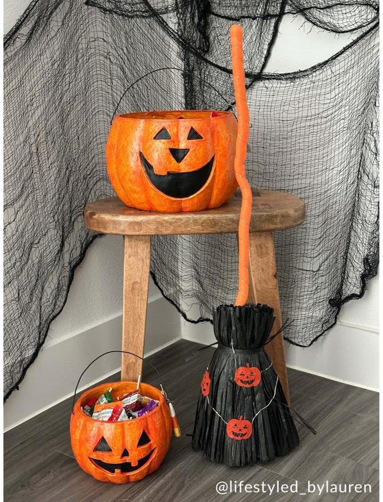 Mud Pie Paper Mache Pumpkin Treat Buckets, Set of 2 Halloween Candy Pails