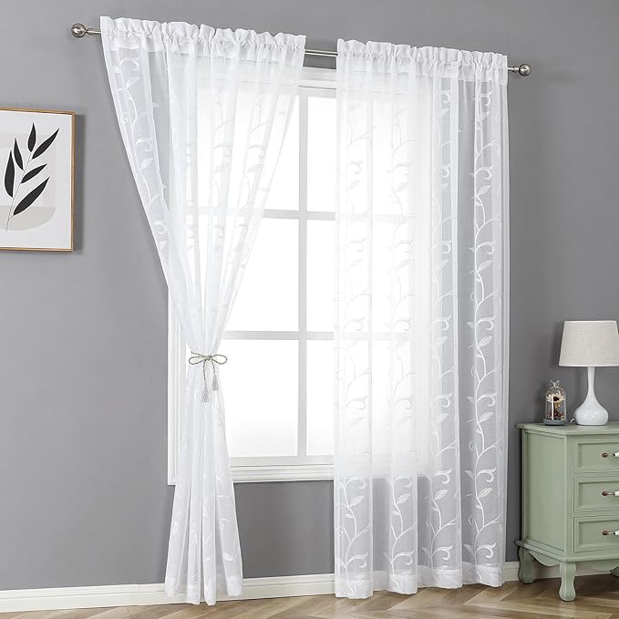 VISIONTEX White Sheer Voile Curtains, Decorative White Embroidery Faux Linen Rod Pocket Window Drapes for Home Kitchen, Living Room and Bedroom 54 x 108 Inch, Set of 2 Curtain Panels
