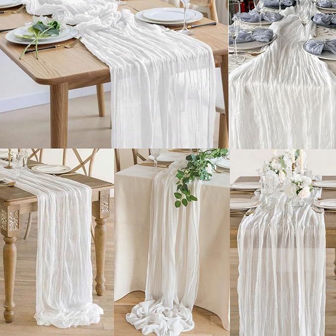 10FT 12 Pack White Cheesecloth Table Runner 20 x 120 Inch Long Rustic Gauze Cheese Cloth Table Runner for Wedding Bridal Baby Shower Table Decorations Boho Fabric Sheer Birthday Party Table Decor