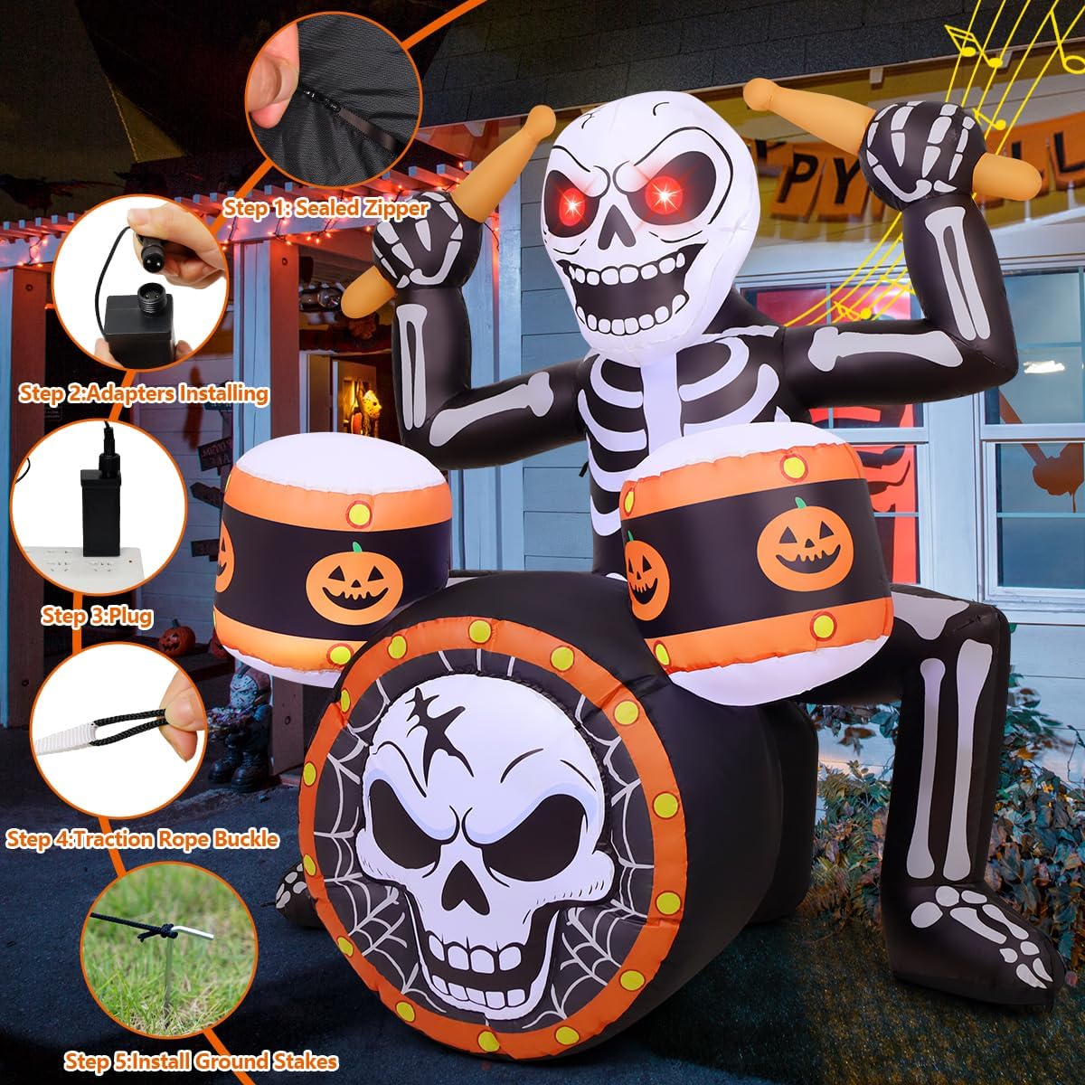 comin 5 ft halloween inflatable rock skeleton with, close-up detail