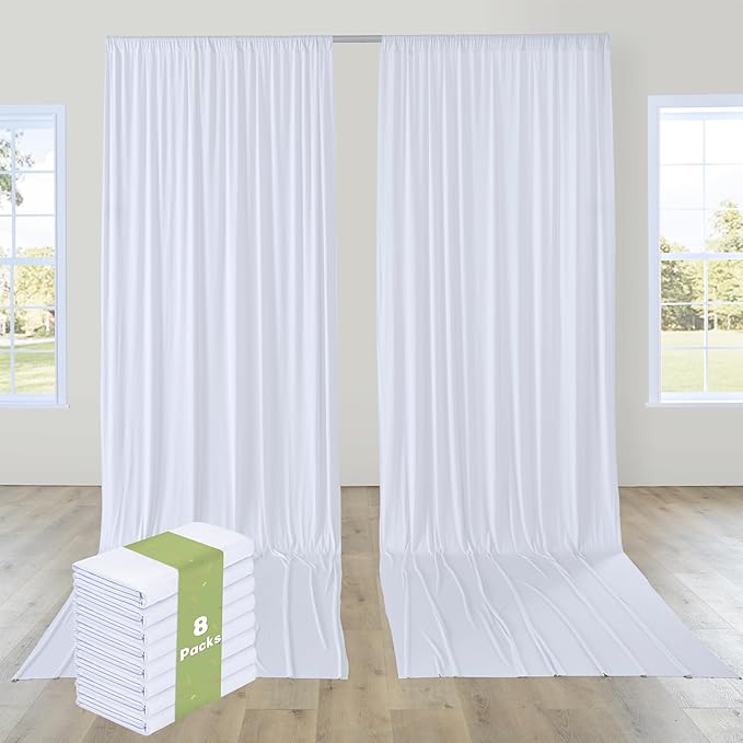 PartyVillage 40ft×15ft White Backdrop Curtain for Wedding Parties, 8 Panels Wrinkle Free 15 FT Long Polyester Photo Backdrop Drapes Back Drop Cloth for Birthday Photography Background
