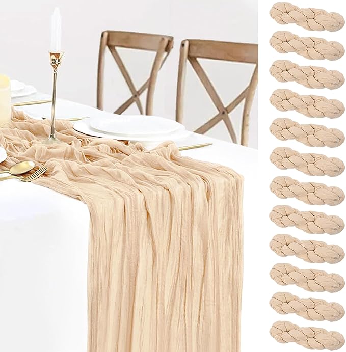 12 Pack Champagne Cheesecloth Table Runner 35x120 Inches, Fall Thanksgiving Cheese Cloth Table Runner 10FT Boho Sheer Gauze Runner for Bridal Shower Wedding Baby Shower Party Decor